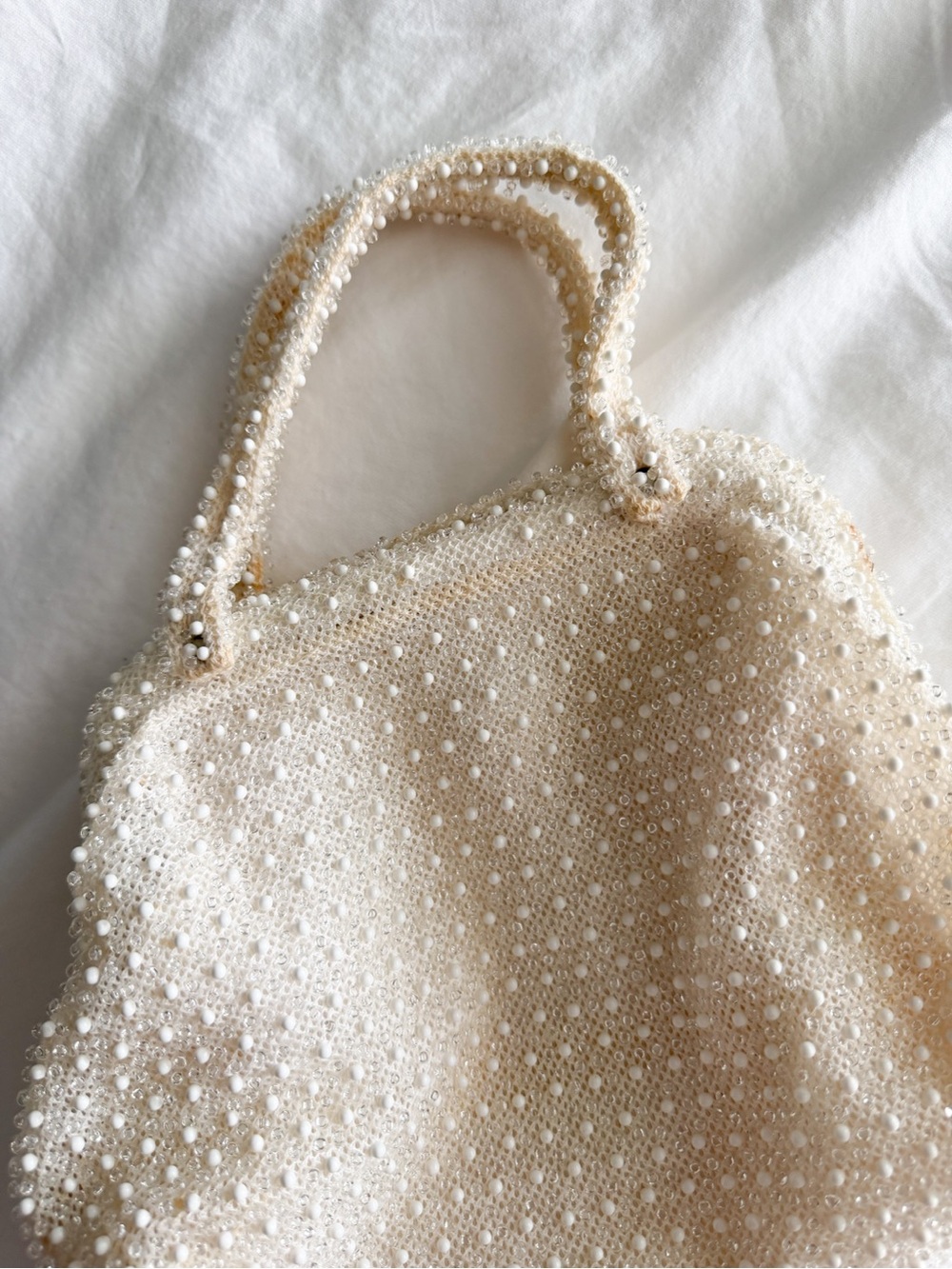 Vintage Corde Bead Beaded Pearl-Embellished Cream Top-Handle Mini Bag